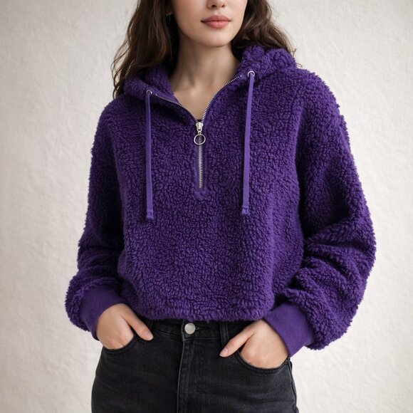 Cotton On Sweaters - Cotton On Plush Sherpa Cropped Half-Zip Hoodie | Size Medium